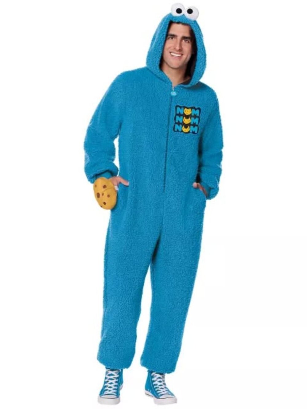 Sesame Street Adult Cookie Monster Hooded Onesie Halloween Costume Size S/M